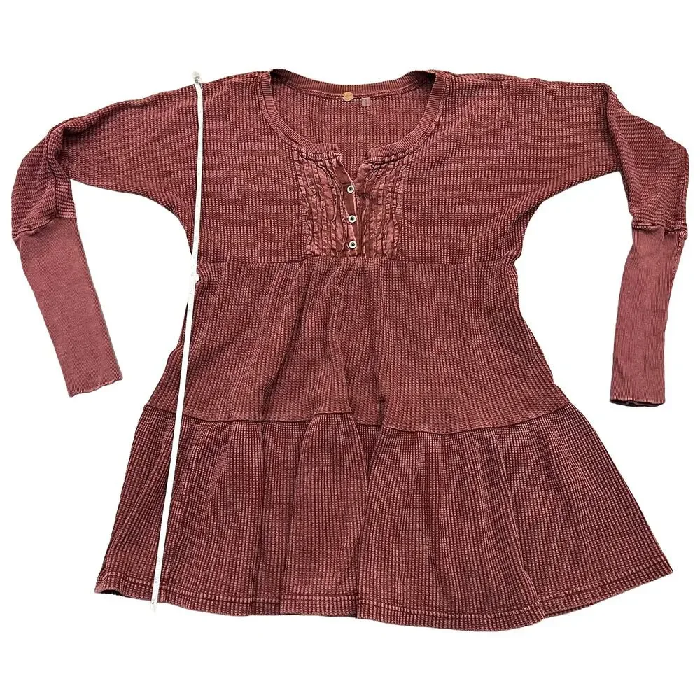 Free People FP ONE Jolene Waffle Knit Thermal Henley Tiered Mini Dress Wine S